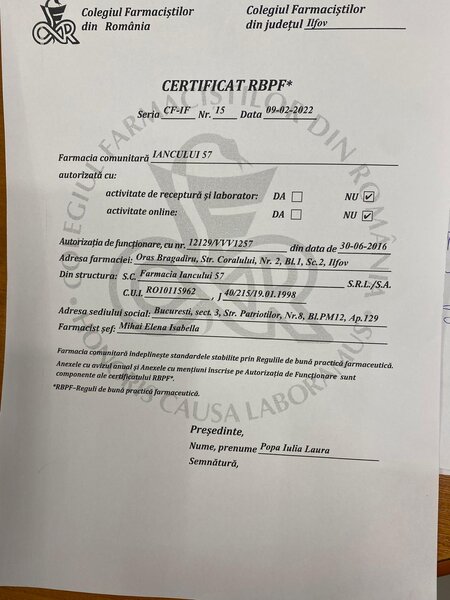 Pierdut certificat de buna practica farmaceutica.